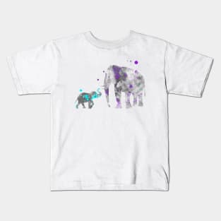 Mom and Baby Elephant Watercolor Painting Lilac Blue Kids T-Shirt